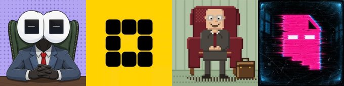 A four-panel horizontal image featuring digital and pixel-art characters, including a figure with glasses for a head in a suit, a grid of nine black squares, a pixel-art man in a red chair, and a glitchy pink skull icon.