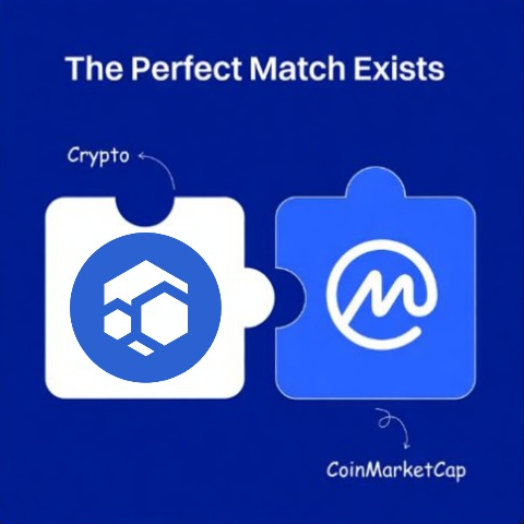 The image features two puzzle pieces with a blue border, one of which has a white logo that reads "Flux runonflux.com". The other puzzle piece displays a white logo for "CoinMarketCap" below it. These puzzle pieces are placed next to each other on the same page in an attempt to create a visual representation of how these two companies might fit together, possibly as partners or competitors within the cryptocurrency space.