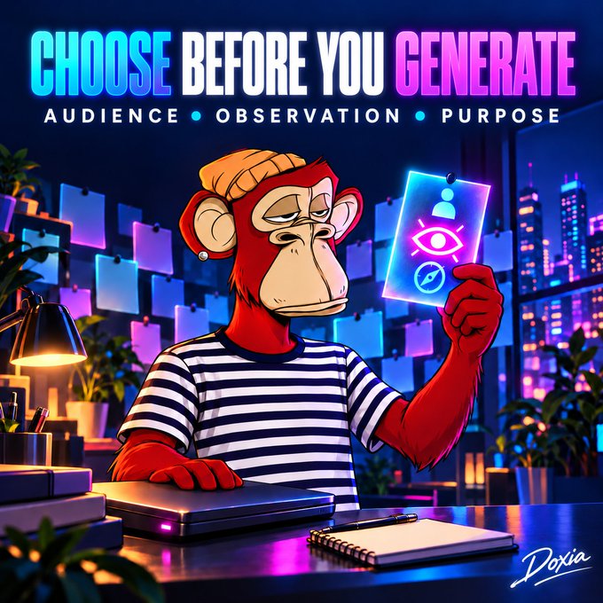 A cartoon monkey in a striped shirt holds up a glowing card with icons, with the text "CHOOSE BEFORE YOU GENERATE" and "AUDIENCE • OBSERVATION • PURPOSE" displayed above, signed "Doxia".