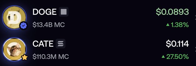 A cryptocurrency tracker displays DOGE priced at $0.0893 with a $13.4B market cap and 1.38% gain, alongside CATE at $0.114 with a $110.3M market cap showing a dramatic 27.50% surge—visually illustrating the post's narrative of the smaller cat-themed token rapidly climbing toward the established dog-themed memecoin leader.