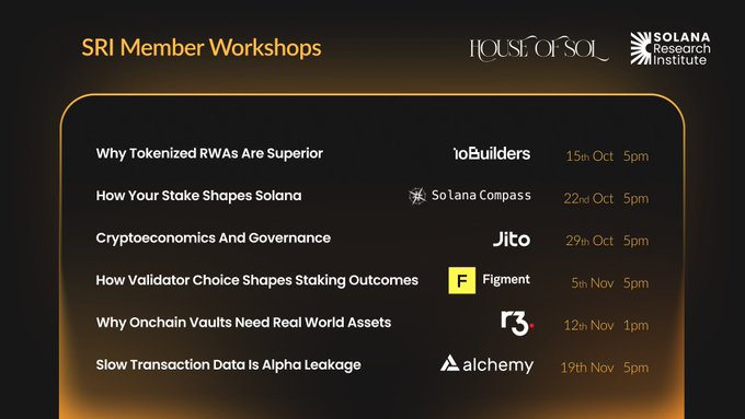 Schedule graphic for 'SRI Member Workshops' by House of Sol and Solana Research Institute, listing six workshops with topics like 'Why Tokenized RWAs Are Superior' and partners including IoBuilders, Jito, Figment, R3, and Alchemy, with dates ranging from October 15 to November 19.
