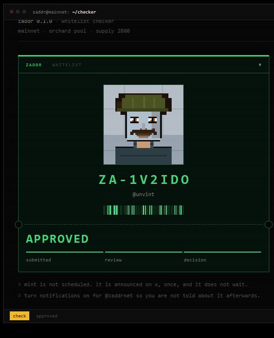 A terminal-style interface displaying a pixel art character portrait for a ZADDR whitelist check, showing the code "ZA-1V2ID0" by @unvint with an "APPROVED" status.