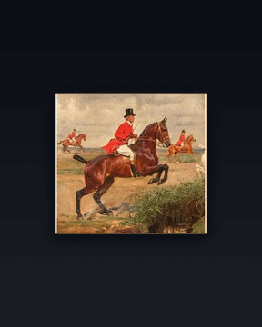 A painting depicting a person in a red jacket riding a brown horse while jumping over an obstacle.