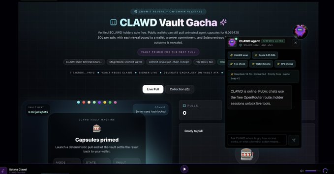 A dark-themed digital dashboard for the CLAWD Vault Gacha, showing capsule-primed status and free claim options, with an AI agent chat panel open on the right displaying CLAWD on Solana with a market cap of 0.05 SOL. The interface supports the post's message that $CLAWD holders can spin for free while public wallets pay 0.069420 SOL per spin, tied to verified on-chain receipts and Solana entropy.