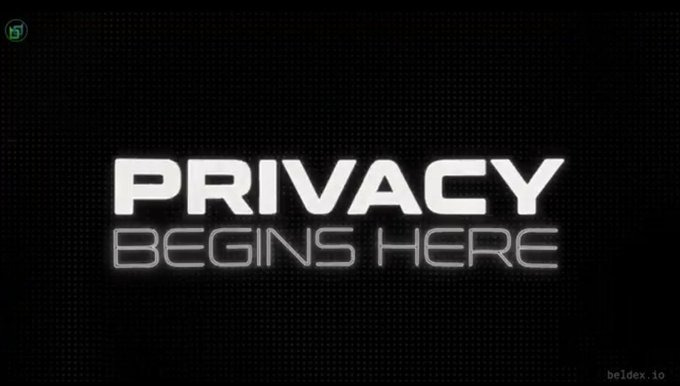 A digital graphic displays the text 'PRIVACY BEGINS HERE' in white capital letters against a dark, dotted background, with a small logo in the top left and 'beldex.io' in the bottom right corner.