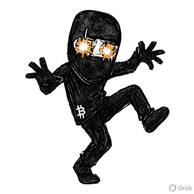 A crude ink-style drawing of a stick figure in a black ninja outfit with orange starburst eyes, striking a martial arts pose, with a Bitcoin 'B' symbol on its leg, watermarked 'Grok'.