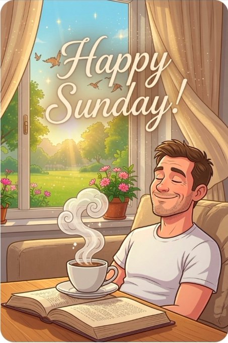 An illustration showing a man relaxing at a table with a steaming cup of coffee and an open book, looking out a window at a sunny, bird-filled landscape with the cursive text "Happy Sunday!" floating in the sky.