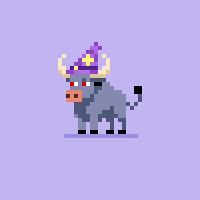 Pixel art illustration of a gray bull wearing a purple wizard hat with a yellow star and sporting red eyes against a light purple background.