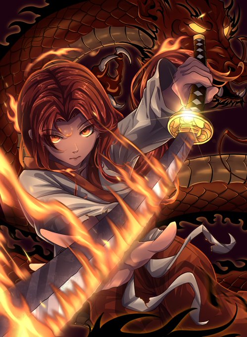 An anime-style illustration of a red-haired character holding a flaming katana with a large dragon in the background.