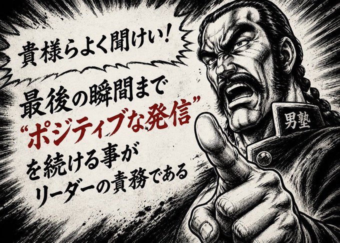 A dramatic black and white manga-style illustration of a shouting, mustachioed military figure pointing forward, with Japanese text translating to a motivational quote about listening to subordinates and sending positive messages until the end.
