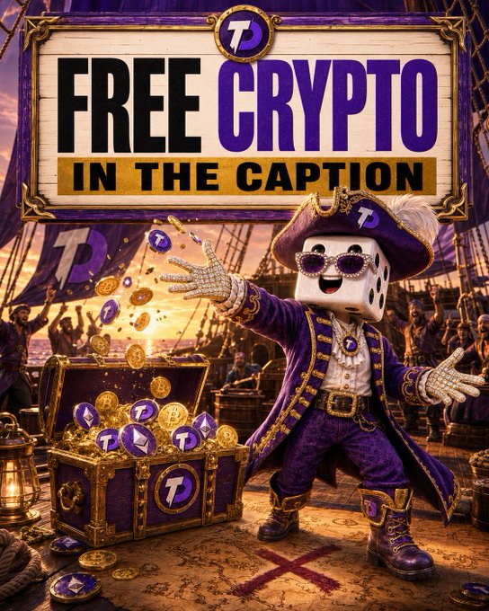 A promotional image with the text 'FREE CRYPTO IN THE CAPTION,' showing a dice-headed pirate character in purple attire celebrating next to a treasure chest overflowing with purple 'T' tokens and gold coins.