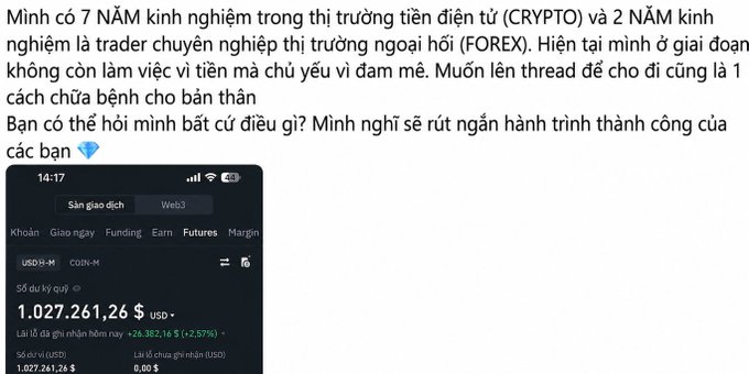 A Vietnamese trader with 7 years in crypto and 2 years in forex shares his account balance of $1,027,261.26 USDT alongside a message about stepping away from trading despite reaching seven figures.
