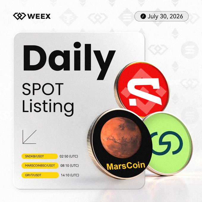 The image is a promotional graphic from WEEX announcing three new daily spot listings for July 30, 2026: SNDKB/USDT at 02:50 UTC, MARSCOINBSC/USDT at 08:10 UTC, and GRVT/USDT at 14:10 UTC, featuring 3D coin renderings of each token. The design aligns with the accompanying post by visually showcasing the listing schedule and tokens referenced in the announcement.
