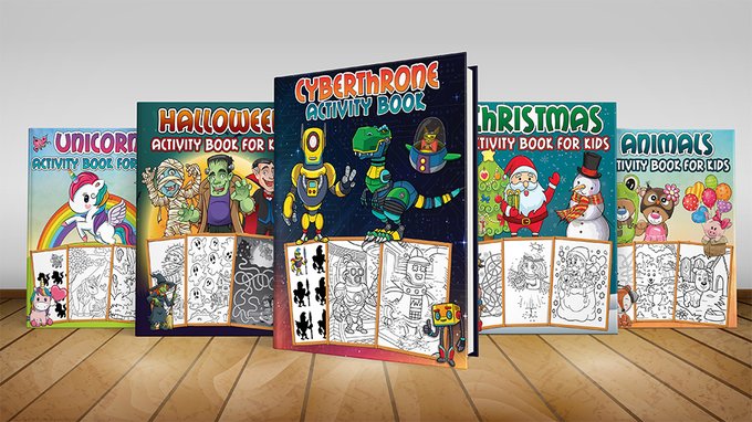 A display of five activity books for kids arranged on a wooden floor, including 'Unicorn', 'Halloween', 'Cybertronic', 'Christmas', and 'Animals' themed coloring and activity books.