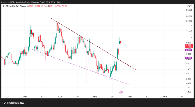 A TradingView weekly chart of UNM / TetherUS on Binance showing the price at $6.244, down 4.71%, with descending trend lines forming a wedge pattern.