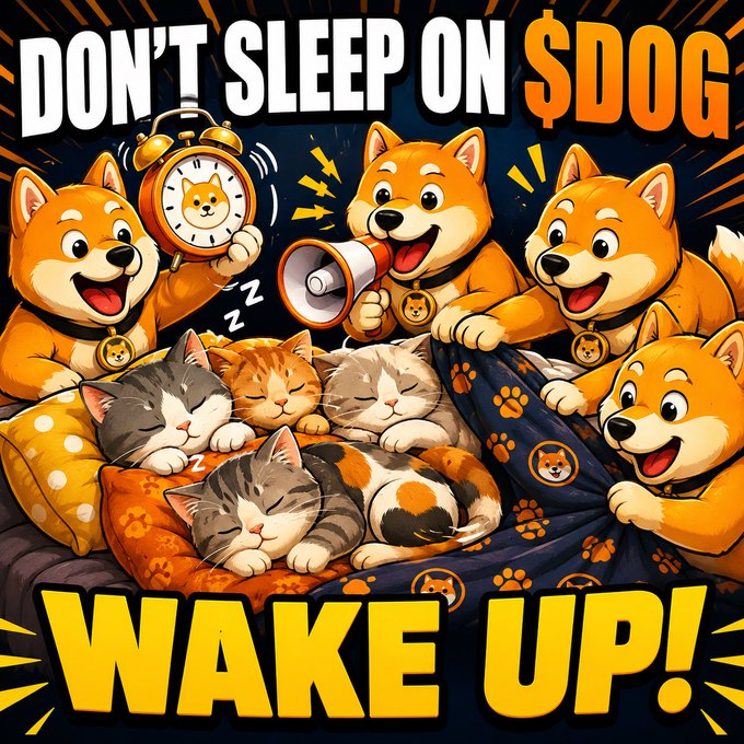 A cartoon-style meme features four Shiba Inu dogs (representing $DOG) energetically trying to wake up several sleeping cats using an alarm clock and a megaphone. The bold text reads 'DON'T SLEEP ON $DOG' at the top and 'WAKE UP!' at the bottom.