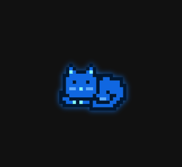 A small pixel art blue cat with glowing white eyes and a curled tail on a black background.