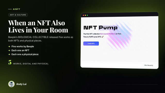 An AINFT presentation slide titled “When an NFT Also Lives in Your Room” describes Beeple’s five NFT and physical works, shown with an “NFT Pump” webpage mockup.
