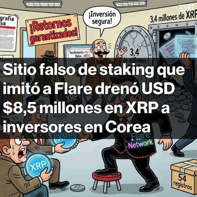 A cartoon illustration with Spanish text reading 'Sitio falso de staking que imitó a Flare drenó USD $8,5 millones en XRP a inversores en Corea,' depicting scammers promoting fake XRP and Flare Network staking schemes.