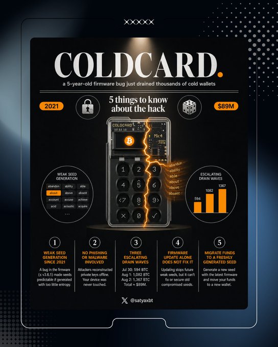 The image is an infographic titled "COLDCARD" about a 5-year-old firmware bug that drained thousands of cold wallets, highlighting that $89M was lost in 2021 due to a weak seed generation flaw. It visually details the escalating impact of the bug across three drain waves on July 30 ($30 BTC), August 1 ($1,062 BTC), and August 2 ($1,367 BTC), with the largest wave affecting 1,367 BTC and 4,585 addresses—aligning with the post's mention of the ongoing issue and the July 30th attack that moved 1,083 BTC from 1,196 addresses in just 41 minutes.