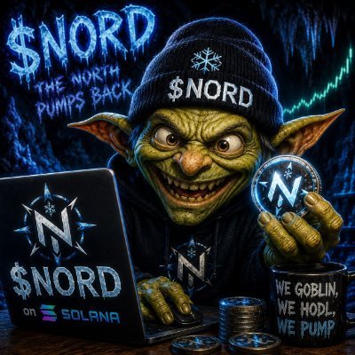 This image depicts a goblin character associated with "$NORD" on Solana, as seen on a laptop and a mug. The text "THE NORTH PUMPS BACK" and "WE GOBLIN, WE HODL, WE PUMP" further emphasizes the crypto theme.