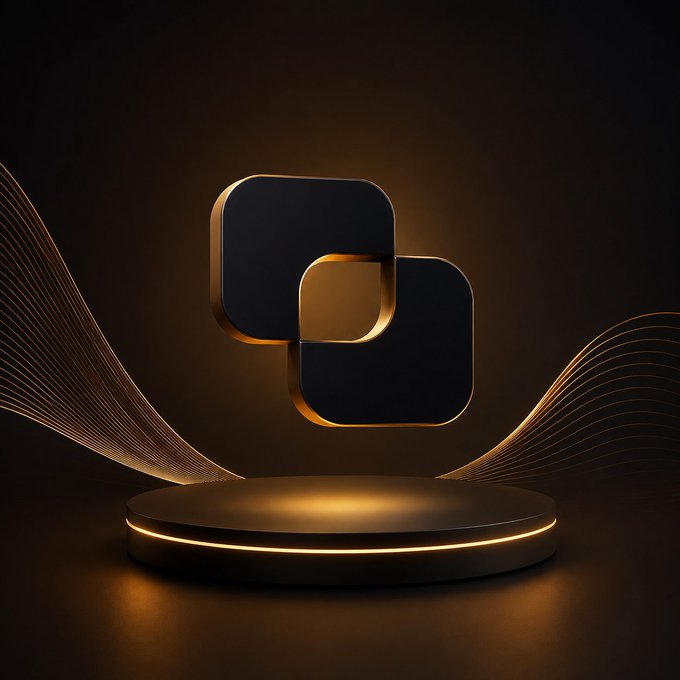 A dark, sleek 3D rendering of two overlapping rounded squares with glowing gold edges, floating above a lit circular pedestal with sweeping gold light trails in the background.