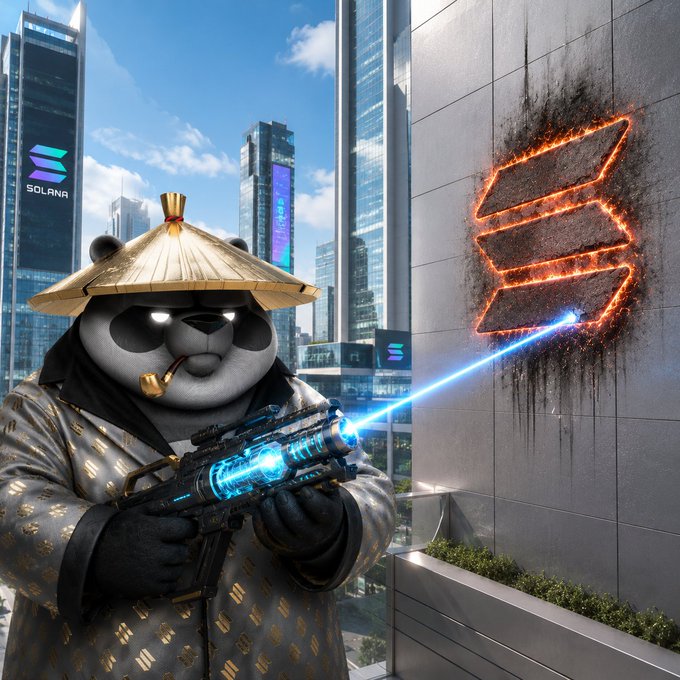 A panda samurai wearing a straw hat fires a glowing blue laser weapon at a burning Solana logo carved into a city building, with the word "SOLANA" visible on a skyscraper in the background—visually symbolizing the post's message of laser focus on what truly matters by "destroying" distractions.