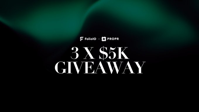 A dark green graphic announces a '3 X $5K GIVEAWAY' sponsored by Folio and PROPR.