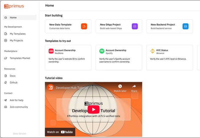 A screenshot of the Primus Developer Hub dashboard showing options to start building with Data Templates, DApp Projects, and Backend Projects, along with template options like Account Ownership for RedNote and Spotify, and a tutorial video.