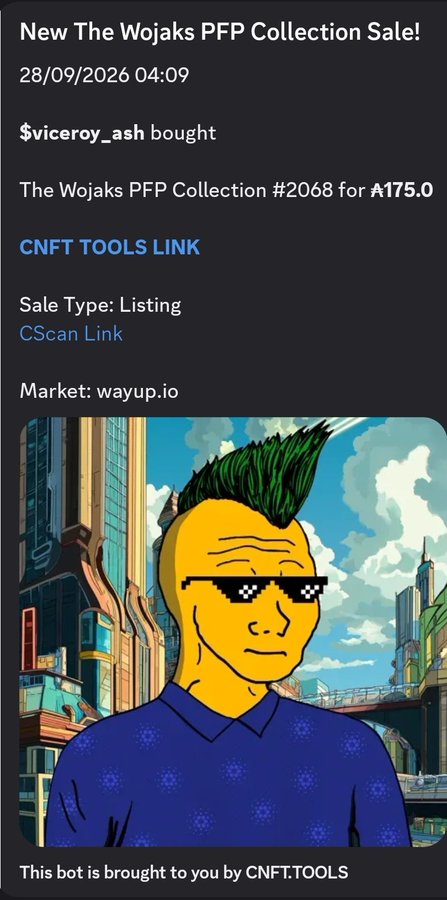 A notification from CNFT.TOOLS announcing a new sale of 'The Wojaks PFP Collection' #2068 purchased by '$viceroy_ash' for ₳175.0 on wayup.io marketplace, featuring a Wojak character with green hair and pixel sunglasses.