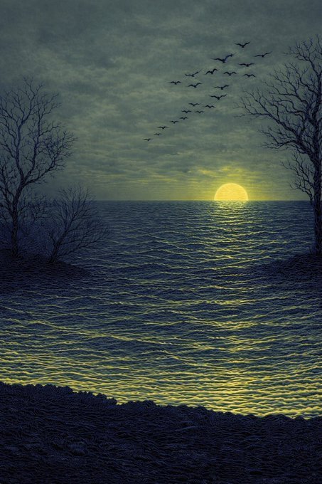 A moody, stylized illustration of a yellow moon setting (or rising) over a dark ocean, framed by silhouetted bare trees and a flock of birds in a cloudy greenish sky.