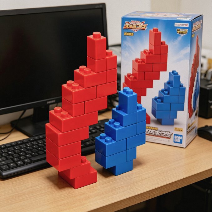 The image shows a desktop scene with two Tetris-style block tower figurines—one red and one blue—next to their original Bandai packaging, displayed in front of a computer monitor and keyboard. The accompanying post about "GMGM 美丽早晨 迎接新一天#HTXDAO" (Good Morning, greeting a new day) doesn't appear directly related to the image's content of Japanese Tetris collectibles.