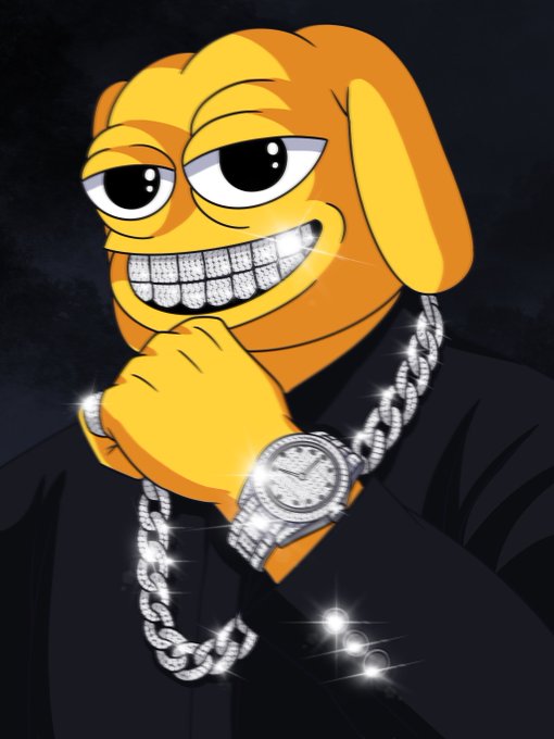 A cartoon yellow dog character with diamond-encrusted teeth, posing with his hand on his chin and wearing a flashy diamond-covered watch and thick chain necklace, conveying a confident, wealthy attitude.

The image's "diamond hands" aesthetic—with blinged-out grills and jewelry—visually reinforces the post's message of holding strong through market dips and seeking out genuine communities, positioning the cartoon figure as a symbol of crypto wealth and unwavering conviction.