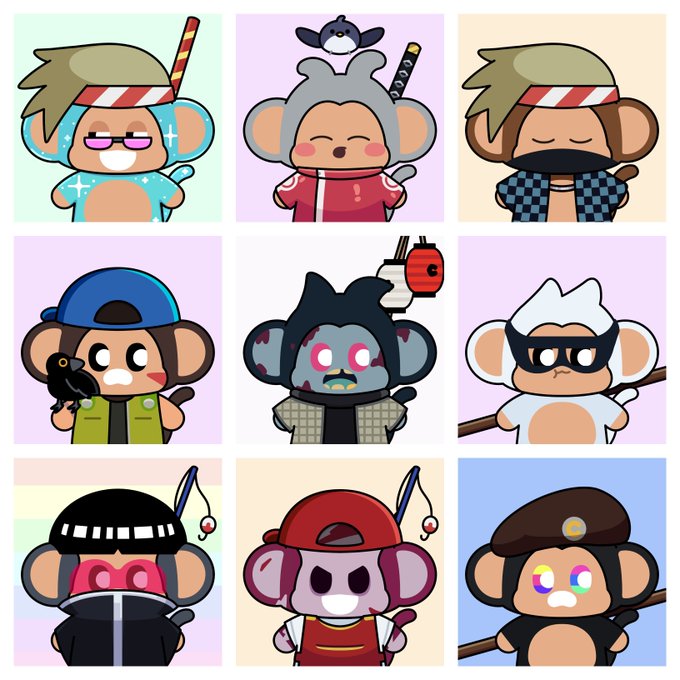 A 3x3 grid of cartoon monkey NFT characters styled like the 'Simbioz Genosis' or similar collections, each featuring unique outfits and accessories such as ninja gear, samurai armor, a fisherman with a sea bream, and various headwear.