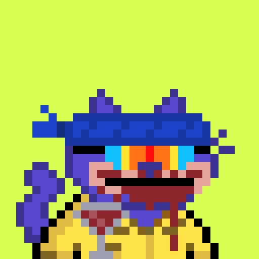 A pixel art rendering of Wario from the Mario franchise, depicted with his iconic yellow outfit, purple cap and wristbands, and a wide, open-mouthed grin against a bright green background.