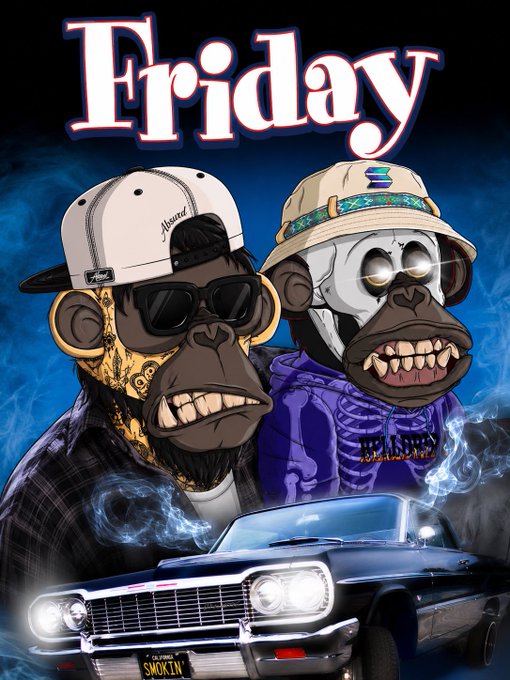 A stylized digital illustration titled 'Friday' depicting two Bored Ape-style characters in caps and sunglasses, with a classic lowrider car featuring a 'SMOKIN' license plate below them against a smoky blue background.