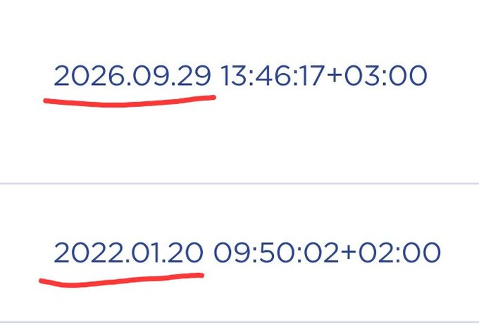 A screenshot shows two timestamps with red underlines: '2026.09.29 13:46:17+03:00' and '2022.01.20 09:50:02+02:00'.