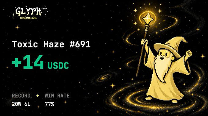 A pixel art image from 'GLYPH universe' showing a wizard character on a starry background, advertising 'Toxic Haze #691' for +14 USDC with a record of 20W 6L and 77% win rate.