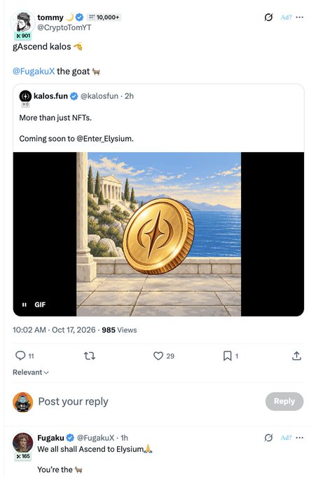 A screenshot of a Twitter/X post by @CryptoTomYT ("tommy") featuring a quote-tweet from @kalosfun announcing "More than just NFTs. Coming soon to @Enter_Elysium" with a GIF showing a golden coin with a symbol against a Mediterranean backdrop, while @FugakuX replies "We all shall Ascend to Elysium. You're the 🐐". The exchange relates to the Elysium mainnet launch mentioned in the caption, highlighting community excitement about the kalos.fun 2 klass platform going live next week.