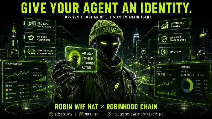 A promotional graphic titled 'GIVE YOUR AGENT AN IDENTITY' advertises 'ROBIN WIF HAT x ROBINHOOD CHAIN' and highlights features like 'ON-CHAIN IDENTITY' and 'AUTONOMOUS FINANCE', showing an agent in a green 'WIF' beanie holding an ID card.