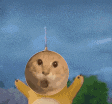 A low-resolution animated character with a round beige head, simple facial features, and raised yellow arms against a blue sky background.