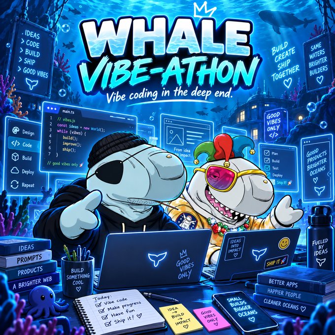 Vibrant promotional artwork for 'WHALE VIBE-ATHON' featuring two cartoon whale characters coding on laptops underwater, with text 'Vibe coding in the deep end' and various coding/motivational elements like 'BUILD CREATE SHIP TOGETHER' and 'GOOD VIBES ONLY'.