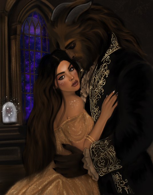 Dark fantasy illustration of a horned, animal-like man in ornate black-and-gold clothing embracing a woman in a gold gown before a glowing purple arched window.