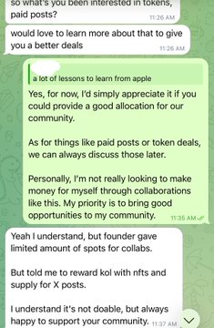 A screenshot of a messaging conversation discussing collaboration, offering paid posts, token deals, and crypto community allocation.