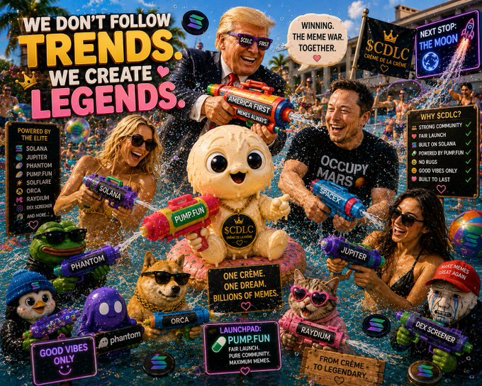 A vibrant meme-style promotional collage for the $CDLC "Creme De La Creme" Solana memecoin features cartoonish figures of Donald Trump, Elon Musk, and other celebrities wielding colorful water guns labeled with crypto tokens like SOLANA, JUPITER, PHANTOM, PUMP.FUN, SPACEX, and RAYDIUM, surrounded by floating animal mascots and slogans including "WE DON'T FOLLOW TRENDS. WE CREATE LEGENDS." and "ONE CREME, ONE DREAM, BILLIONS OF MEMES," tying directly to the post's #CDLC #Solana #Memecoins #Phantom tags.