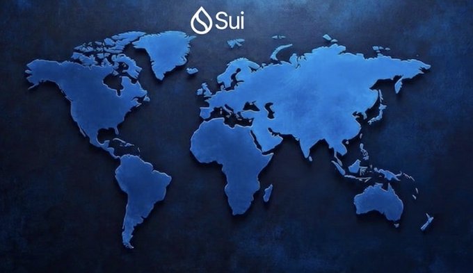 A stylized world map in dark blue tones displays the continents, with the "Sui" logo and water drop symbol prominently featured at the top center. The global imagery visually reinforces the post's framing of $SUI as a worldwide engine for next-generation finance, suggested by Turbos Finance's pitch.
