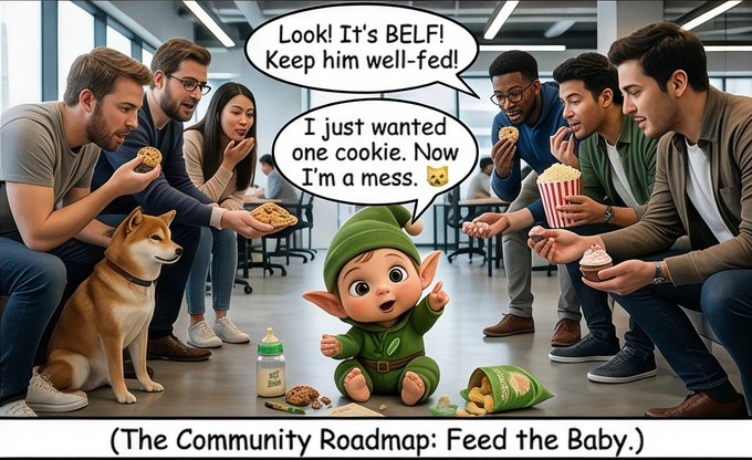 A digital illustration depicting a cartoon baby in a green outfit surrounded by adults and a Shiba Inu dog, with speech bubbles reading 'Look! It's BELF! Keep him well-fed!' and 'I just wanted one cookie. Now I'm a mess.'