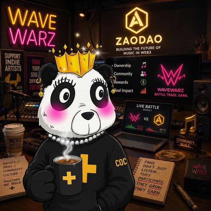 A digital illustration promoting 'WAVE WARZ' and 'ZAODAO' featuring a crowned panda in a studio setting holding a mug, with surrounding text including 'SUPPORT INDIE ARTISTS', 'BUILDING THE FUTURE OF MUSIC IN WEB3', 'LIVE BATTLE', and 'PARTICIPATE. THEY GROW. THEY EARN.'