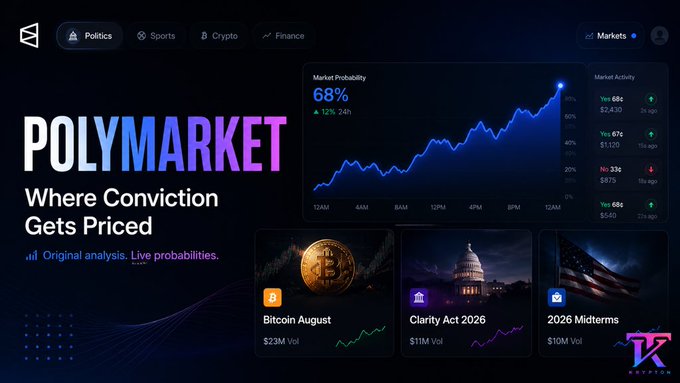 A promotional banner for PolyMarket featuring the tagline 'Where Conviction Gets Priced' with tabs for Politics, Sports, Crypto, and Finance, displaying market probability charts for events like 'Bitcoin August', 'Clarity Act 2026', and '2026 Midterms'.