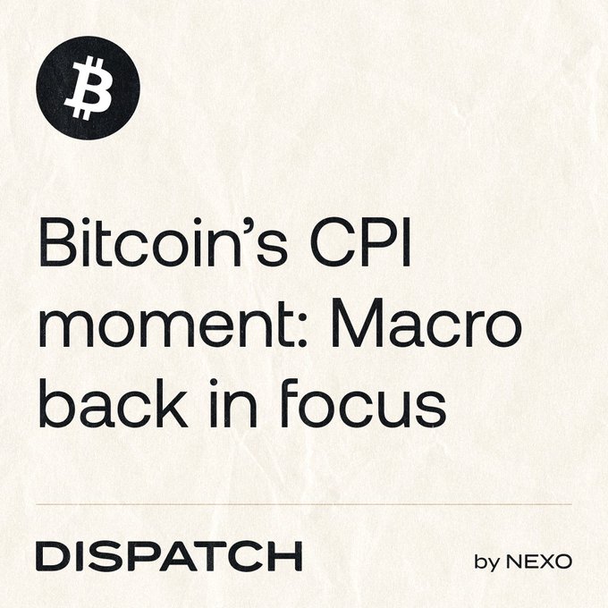 A Dispatch by NEXO cover featuring a Bitcoin logo and the headline "Bitcoin's CPI moment: Macro back in focus," paired with text about BTC getting breathing room ahead of the U.S. CPI report.